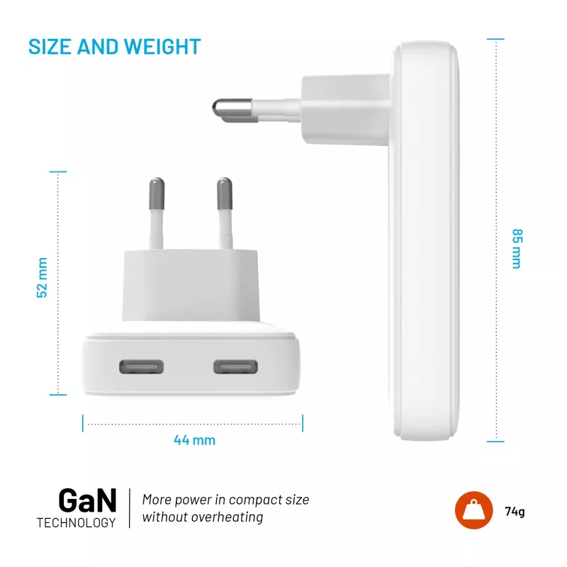 Fixed Slim carregador de viagem 2xUSB-C 65W GaN PD branco