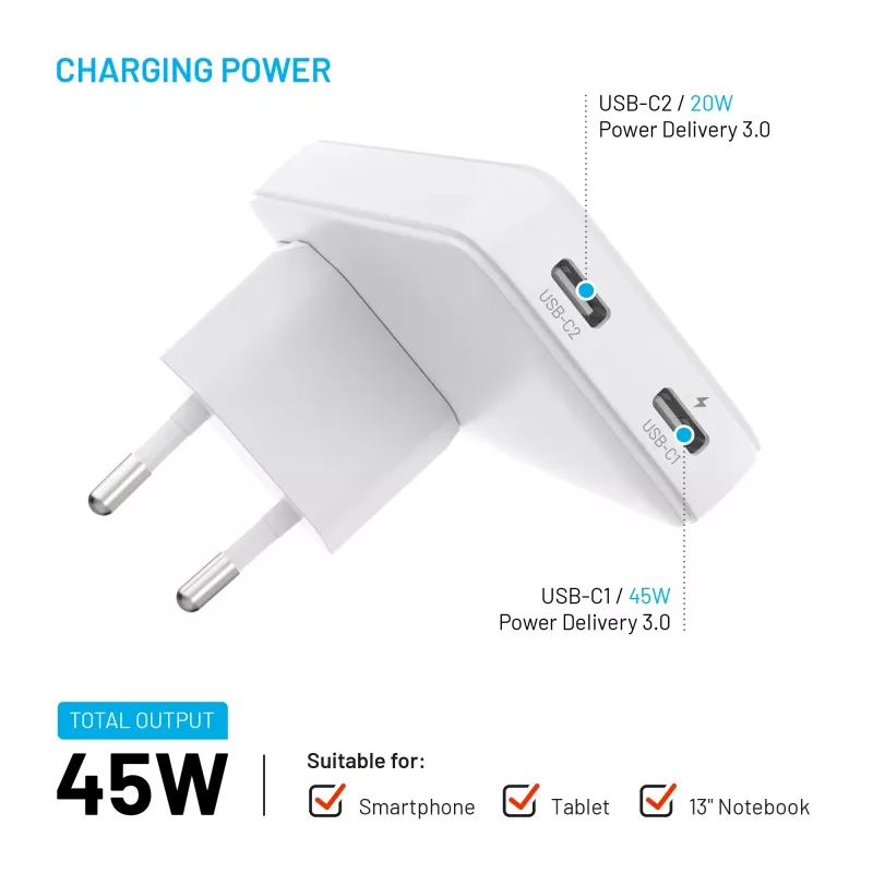 Fixed Slim Traveller carregador de viagem 2xUSB-C com adaptadores mundiais, GaN, 45W – branco