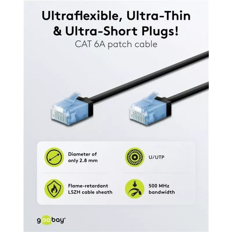 Goobay cabo de rede CAT 6A Slim U/UTP ultraflexível, preto, 0,25 m, conectores snagless extra curtos 74233