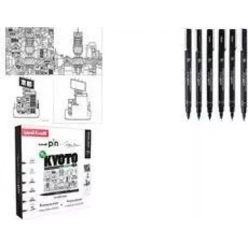 Conjunto de canetas fineliner uni-ball PIN Kyoto, 6 canetas de tinta pigmentada (preto, 0,1–pincel), resistente à água CF PIN/6 003