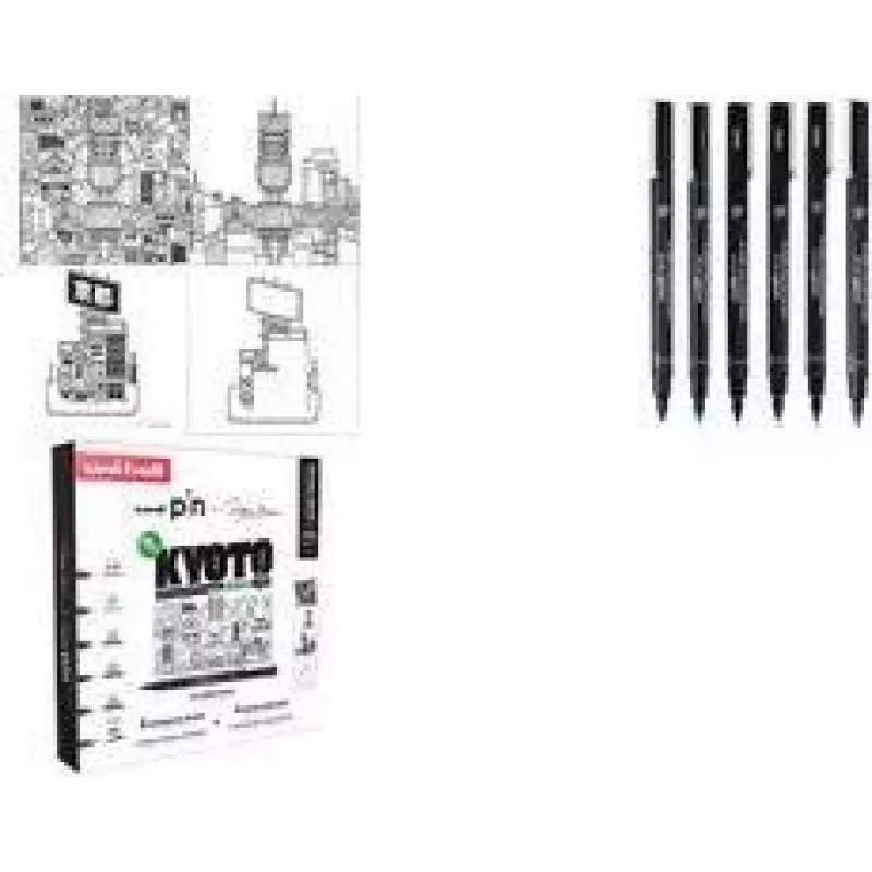 Conjunto de canetas fineliner uni-ball PIN Kyoto, 6 canetas de tinta pigmentada (preto, 0,1–pincel), resistente à água CF PIN/6 003