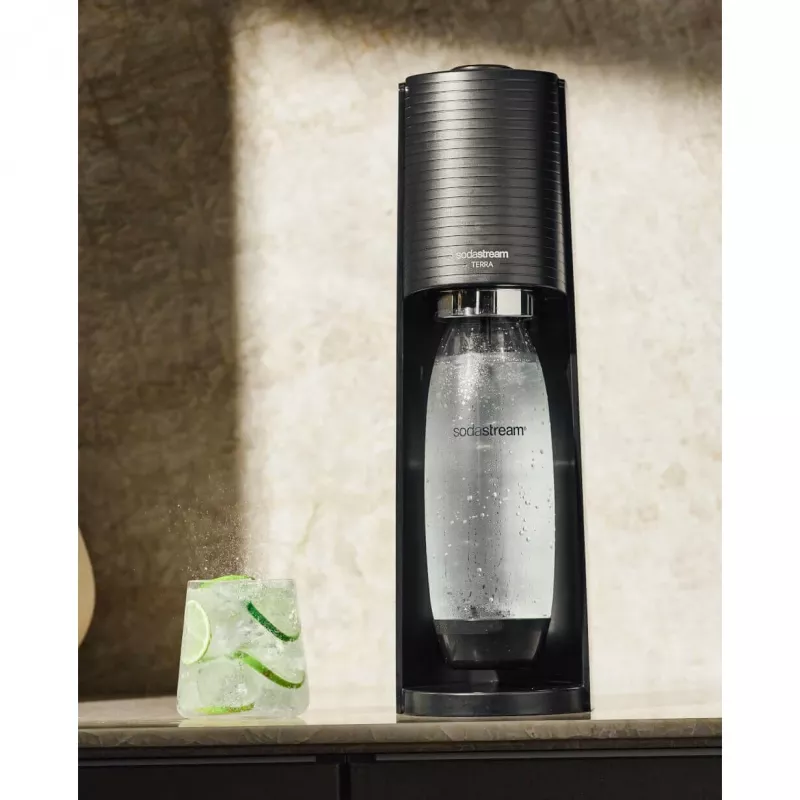 Máquina de gaseificar água SodaStream Terra Megapack preta com 3 garrafas e cilindro de CO2 Quick Connect