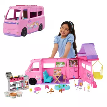 Conjunto de brincar com autocaravana de bonecas Barbie Dreamhouse Adventures, transforma-se em autocaravana de 7 áreas, mais de 60 acessórios, rosa