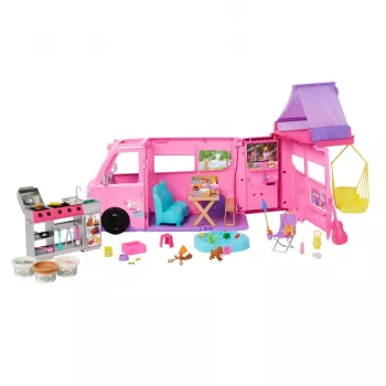 Conjunto de brincar com autocaravana de bonecas Barbie Dreamhouse Adventures, transforma-se em autocaravana de 7 áreas, mais de 60 acessórios, rosa