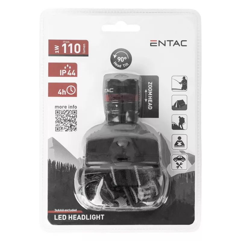 Lanterna de cabeça LED com zoom ENTAC EHL-ZOOM-1W-PL 1W, preta