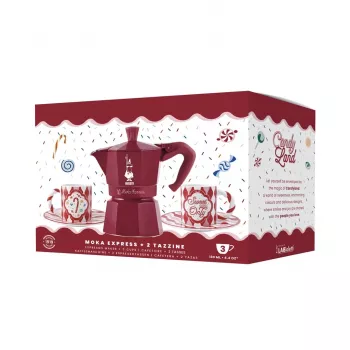Bialetti Candyland Moka Express 3TZ Conjunto de cafeteira manual, 150 ml, vermelho + 2 chávenas