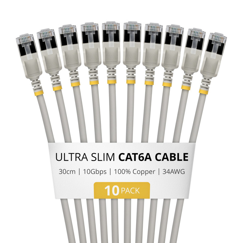 StarTech.com Cabo de rede Slim Cat6a U/FTP Patch RJ45, 0,3 m, cinzento, pack de 10