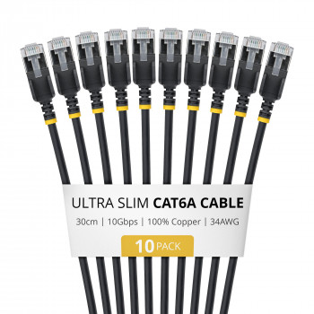 StarTech.com cabo de rede Slim Cat6a U/FTP RJ45, 0,3 m, preto, pack de 10