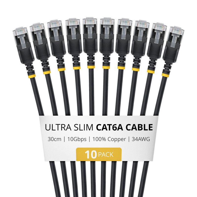 StarTech.com cabo de rede Slim Cat6a U/FTP RJ45, 0,3 m, preto, pack de 10