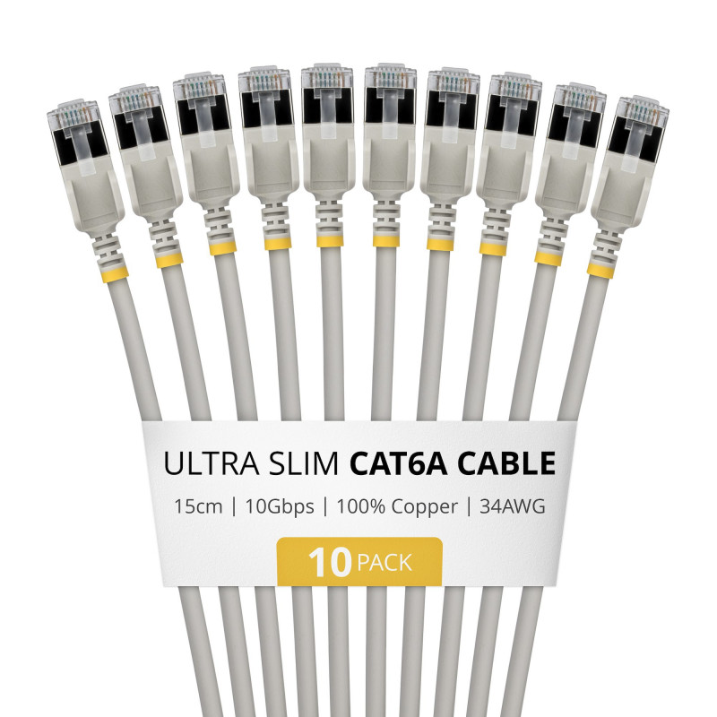 StarTech.com cabo de rede Slim Cat6a U/FTP RJ45, 0,15 m, cinzento, pack de 10