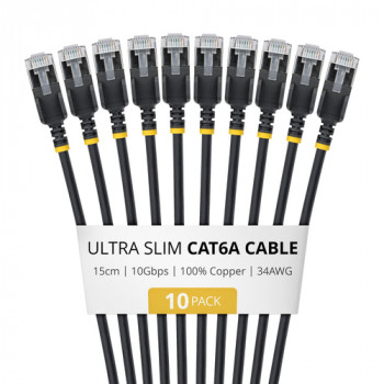 StarTech.com cabo de rede Slim Cat6a U/FTP RJ45, 0,15 m, preto, pack de 10