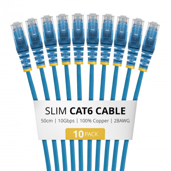 StarTech.com N6PAT50CMBLS10PK cabo de rede Slim Cat6, RJ45, 0,5 m, azul, pack de 10
