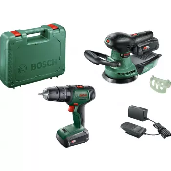 Bosch DIY conjunto UniversalImpact 18V + AdvancedOrbit 18V, 2x bateria Li-Ion 2,0Ah, aparafusadora de impacto com bateria + lixadora excêntrica com bateria, verde (06039D410A)