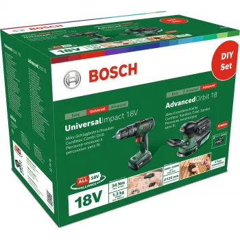 Bosch DIY conjunto UniversalImpact 18V + AdvancedOrbit 18V, 2x bateria Li-Ion 2,0Ah, aparafusadora de impacto com bateria + lixadora excêntrica com bateria, verde (06039D410A)