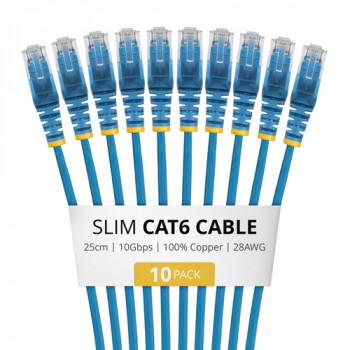 StarTech.com N6PAT25CMBLS10PK cabo de rede Slim Cat6, RJ45, 0,25 m, azul, pack de 10