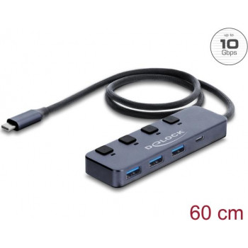 Delock Hub USB 10 Gbps com 3 x conector USB Type-A e 1 x conector USB Type-C™ com interruptor (64384)