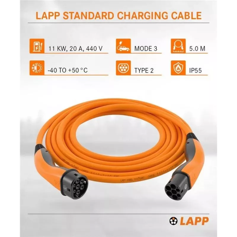 Cabo de carregamento LAPP MOBILITY Type 2, até 11 kW, 5 m, laranja (61785)