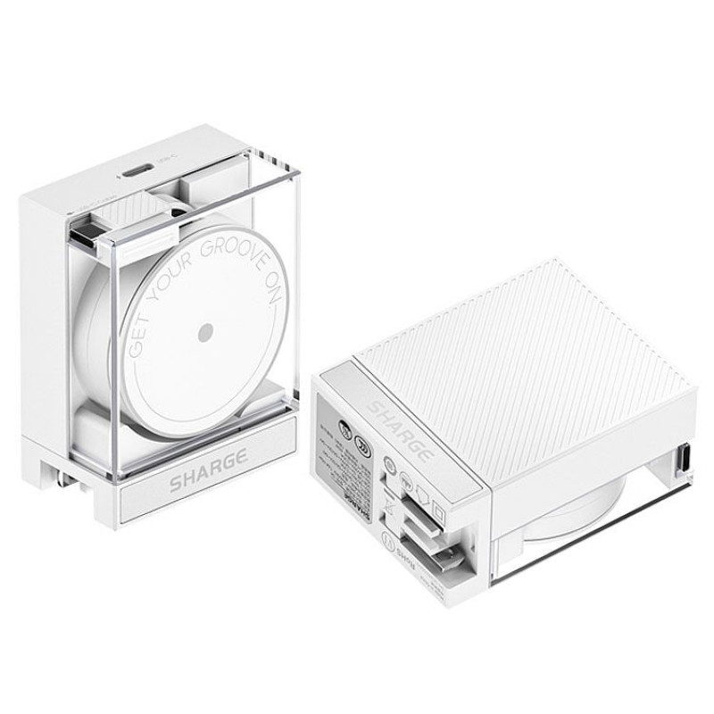 Carregador GaN retrátil SHARGE 65, 65W, 2x USB-C, cabo USB-C integrado – branco