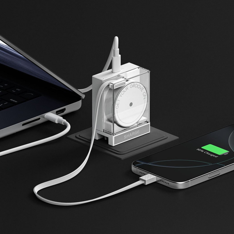 Carregador GaN retrátil SHARGE 65, 65W, 2x USB-C, cabo USB-C integrado – branco