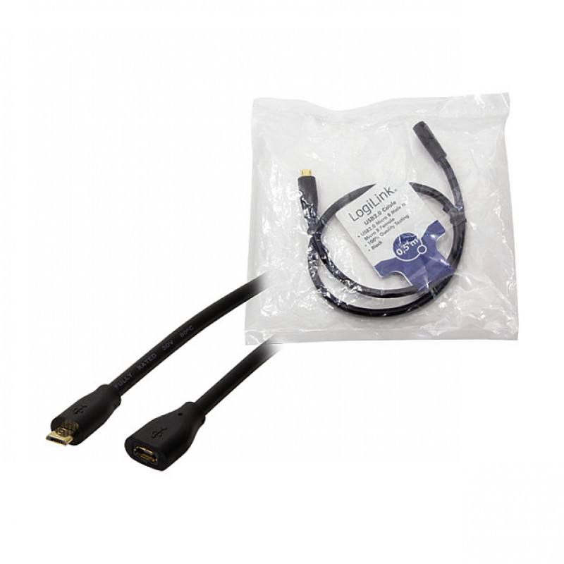 LogiLink CU0120 Cabo de extensão USB 2.0, conector macho Micro-USB B para conector fêmea Micro-USB B, 0,5 m, Preto