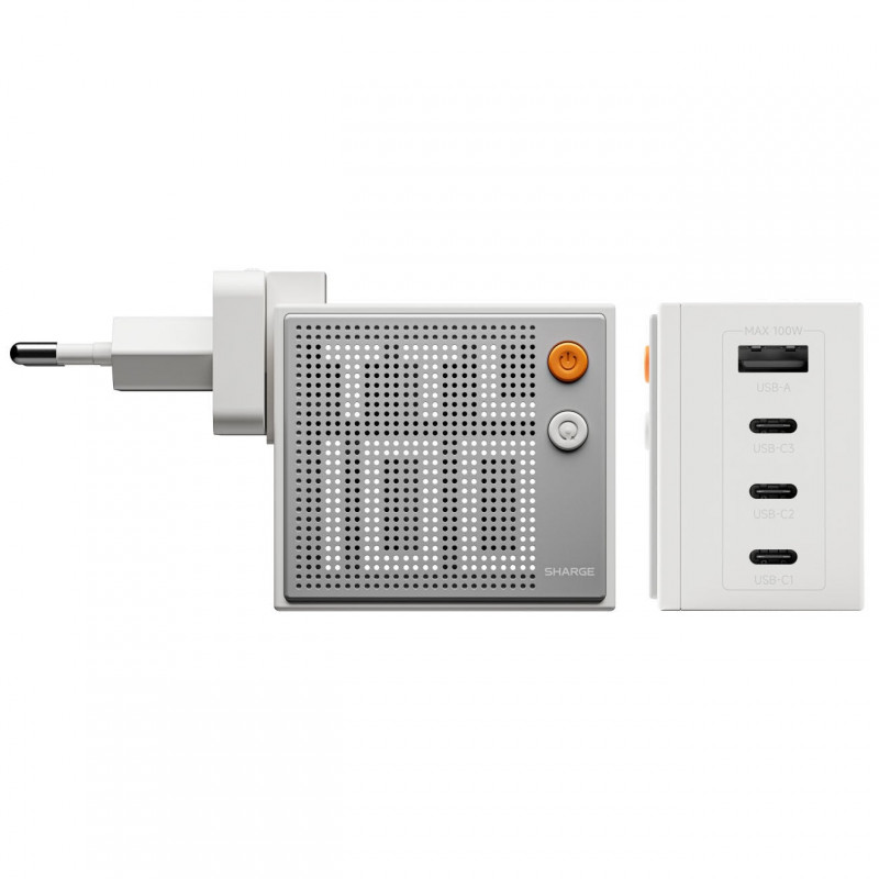 SHARGE Pixel 100 Carregador GaN, 100W, 3x USB-C, 1x USB-A - branco