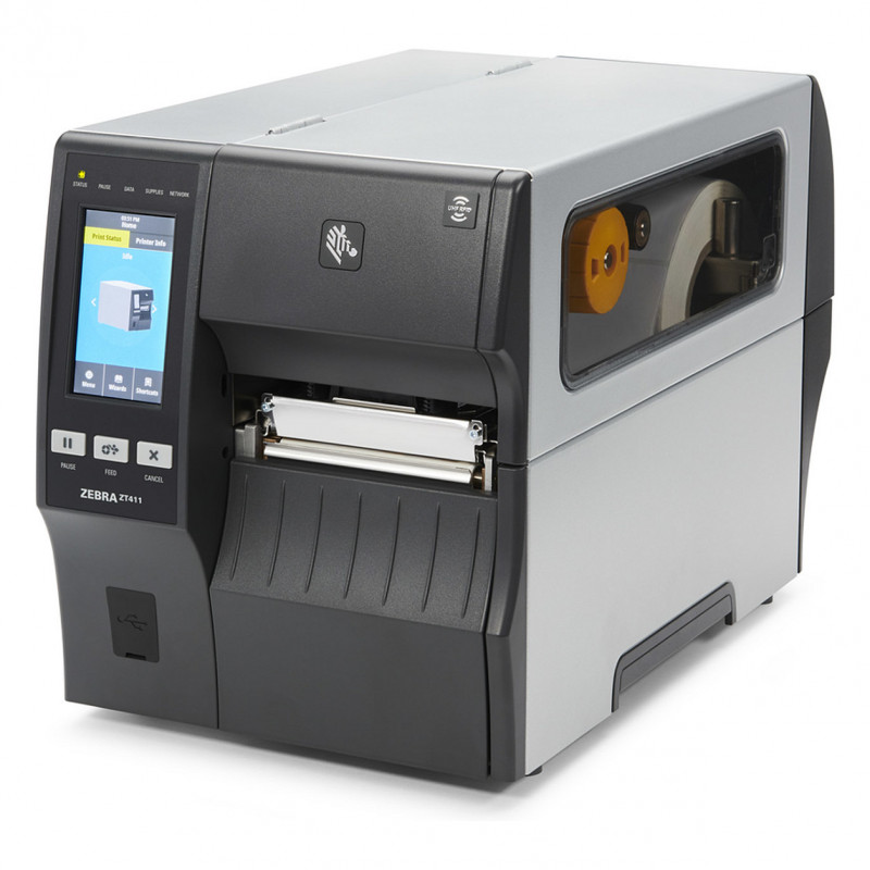 Impressora de etiquetas Zebra ZT411 de 4 polegadas, 300 dpi, série, USB, Ethernet 10/100, Bluetooth 4.1/MFi, USB Host, Peel with Full Rewind, EZPL, cabo europeu e britânico