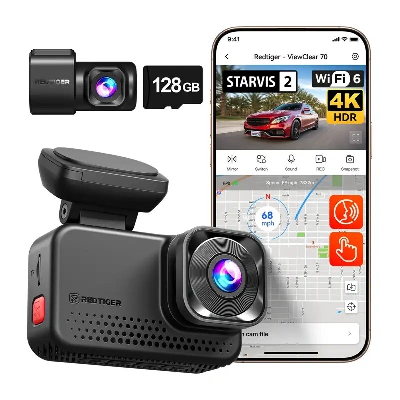 Dashcam REDTIGER VC70 Wi-Fi 4K + 2,5K com cartão de 128GB