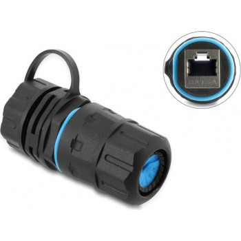 Conector de cabo Delock RJ45 fêmea para RJ45 fêmea Cat.6A com rosca M23.5 x 1.5 mm e tampa com caixa IP68 à prova de pó e água (91841)