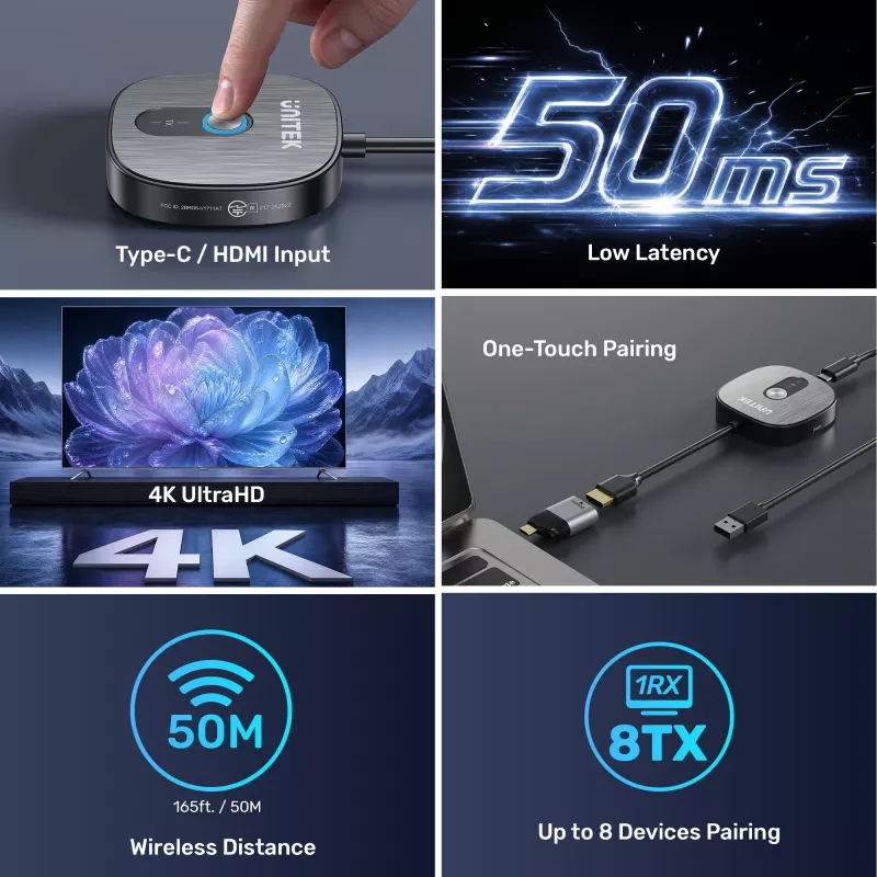 Unitek recetor HDMI sem fios 4K@30Hz com transmissor e conjunto adaptador USB-C para HDMI