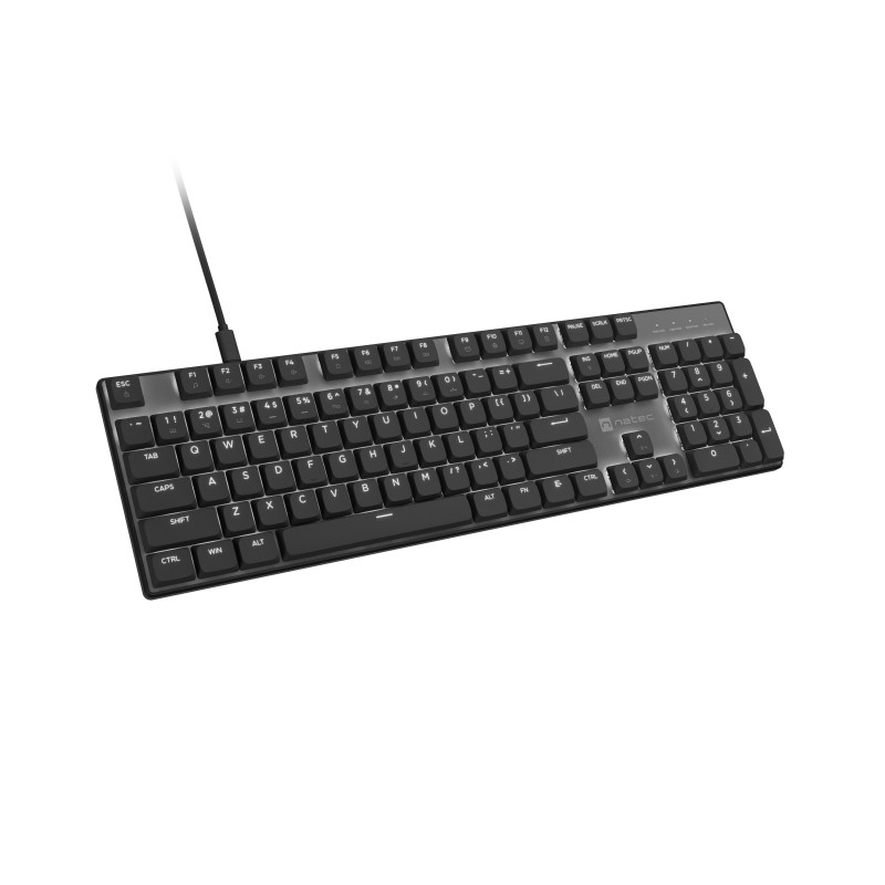 Natec Amberjack Teclado com fio, layout US, switches lineares hot-swap, retroiluminação branca, anti-ghosting, gravação de macros, preto/cinzento (NKL-2391)