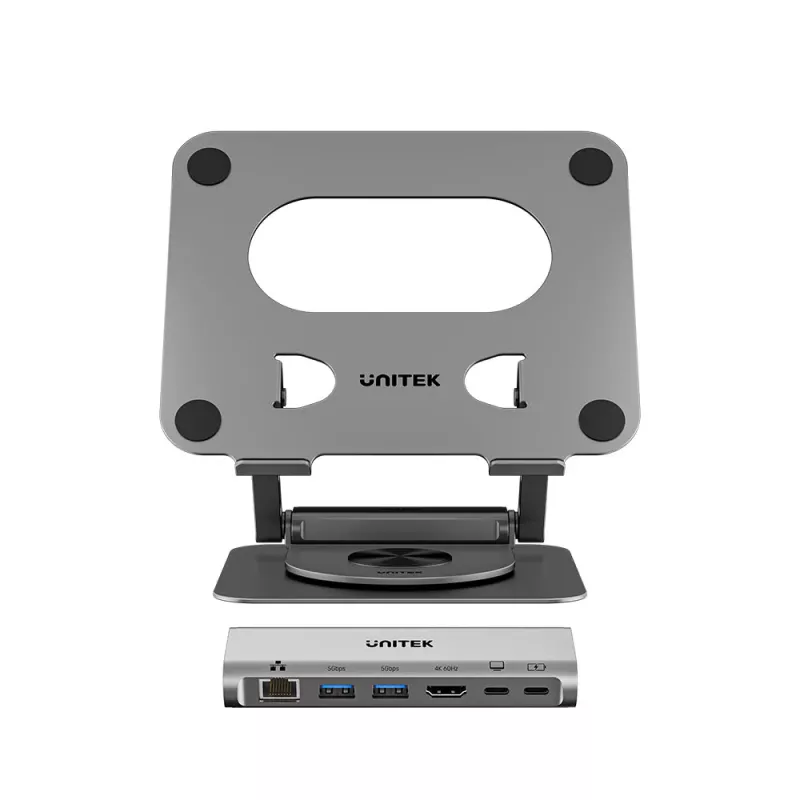 Suporte para portátil Unitek com hub USB-C 5 em 1 removível - 2x USB-A 5Gbps, HDMI 4K@60Hz, RJ45, PD 100W (D1109CGY01)
