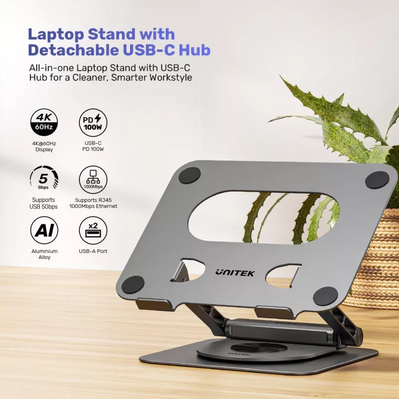 Suporte para portátil Unitek com hub USB-C 5 em 1 removível - 2x USB-A 5Gbps, HDMI 4K@60Hz, RJ45, PD 100W (D1109CGY01)