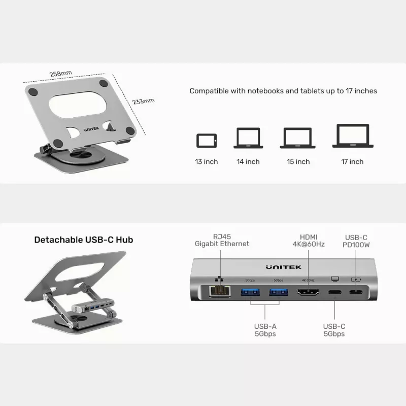 Suporte para portátil Unitek com hub USB-C 5 em 1 removível - 2x USB-A 5Gbps, HDMI 4K@60Hz, RJ45, PD 100W (D1109CGY01)