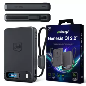 Carregador sem fios 3mk incharge Genesis Qi2 25W + PD 45W com cabo USB-C integrado, preto