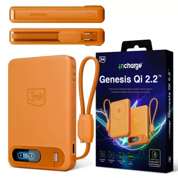 Carregador sem fios 3mk incharge® Genesis Qi 2 25W + PD45W, cabo USB-C integrado, laranja