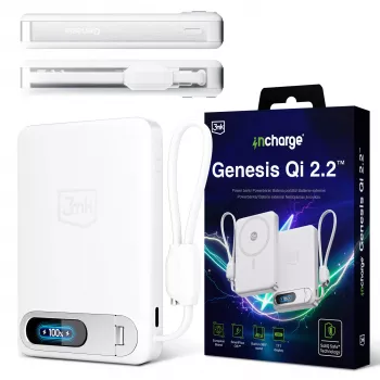 Carregador sem fios 3mk incharge® Genesis Qi 2 25W + PD45W, cabo USB-C integrado, branco