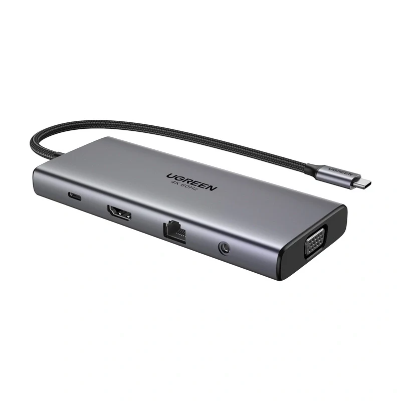 Hub USB-C Ugreen CM639, HDMI, VGA, 2x USB-C 3.2 10 Gbps, 2x USB, SD/TF, RJ45, Aux 3,5 mm, PD, 4K 60 Hz