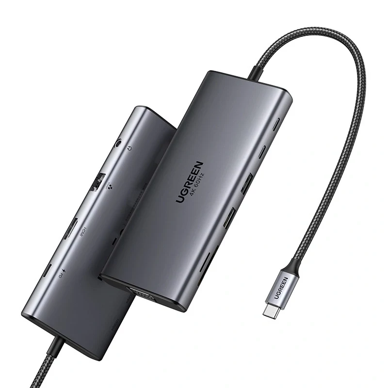 Hub USB-C Ugreen CM639, HDMI, VGA, 2x USB-C 3.2 10 Gbps, 2x USB, SD/TF, RJ45, Aux 3,5 mm, PD, 4K 60 Hz