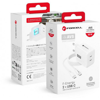 Forcell F-Energy GaN III Crystal Color VT-60 60W PD QC 4.0 carregador de parede 2x USB-C branco + cabo