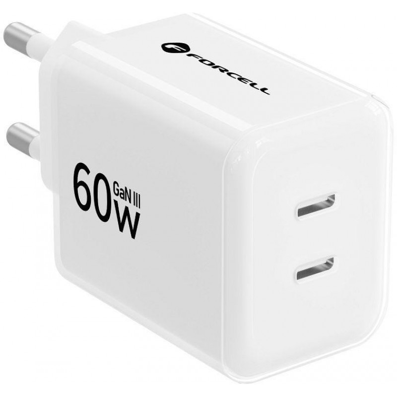 Forcell F-Energy GaN III Crystal Color VT-60 60W PD QC 4.0 carregador de parede 2x USB-C branco + cabo