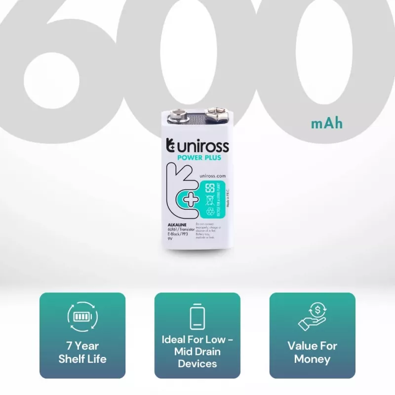 Pilha alcalina Uniross Power Plus 6LR61 9V 600mAh, 1 unid.