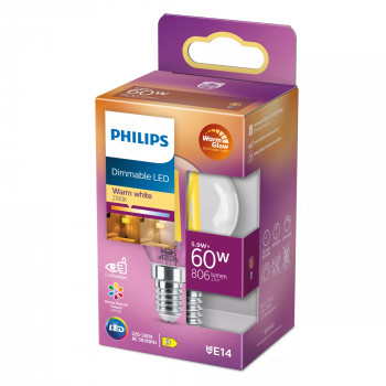 Lâmpada LED classic WarmGlow Philips 60W E14, gota, transparente, regulável