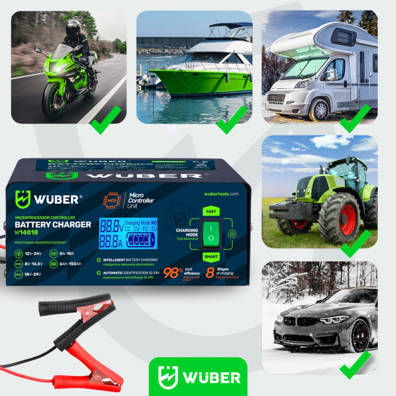 Carregador de bateria de automóvel com microprocessador Wuber W14018, 10 A, 6-150 Ah, 2-24 V
