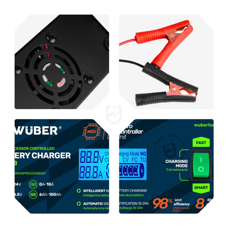 Carregador de bateria de automóvel com microprocessador Wuber W14018, 10 A, 6-150 Ah, 2-24 V