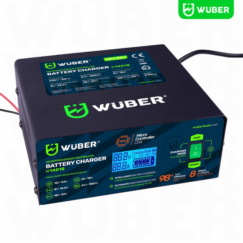 Carregador de bateria de automóvel com microprocessador Wuber W14018, 10 A, 6-150 Ah, 2-24 V