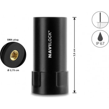 Antena GNSS multibanda Navilock conector macho SMA 35 dB ativa exterior preta 5,6 cm