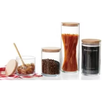 Ritzenhoff & Breker frasco de conserva FAIA, redondo, 0,6 l, vidro, cilíndrico, tampa de madeira de faia com silicone, 3 peças