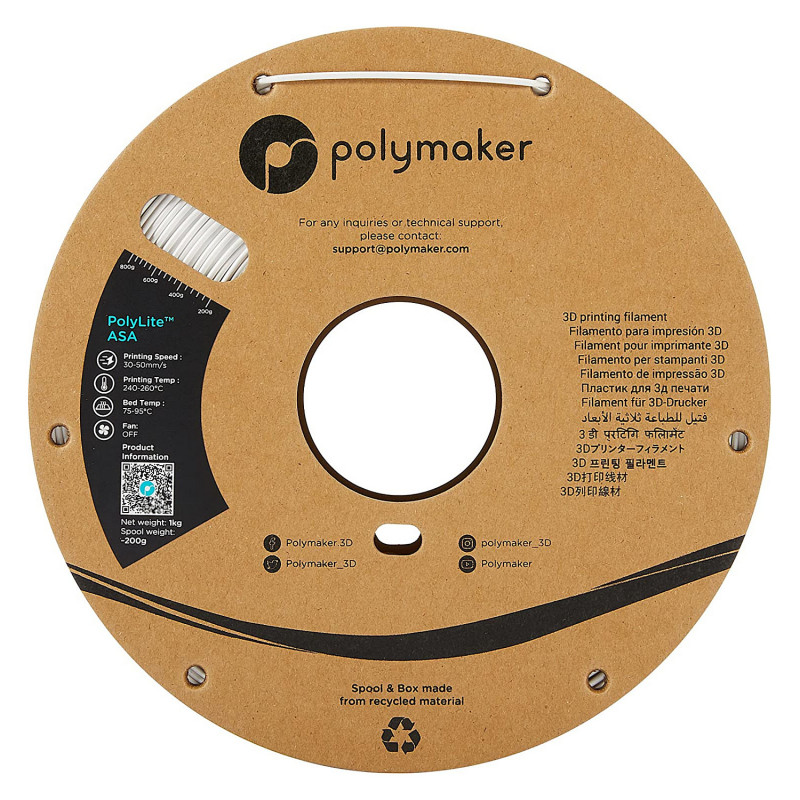 Filamento para impressora 3D Polmask ASA, 1,75 mm, 1 kg – branco (PF01002)