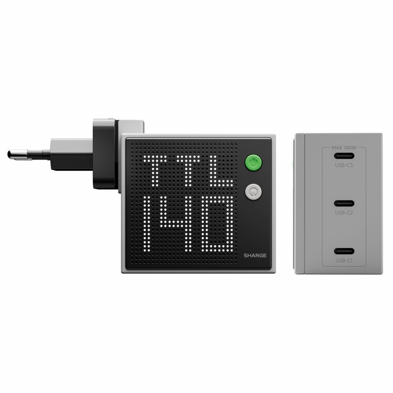 SHARGE Pixel 140 carregador GaN, 140W, 3x USB-C, ecrã Dot-Matrix - cinzento
