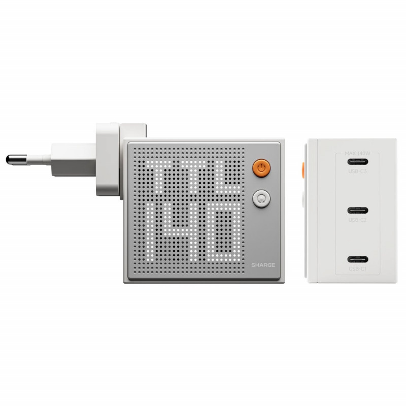 SHARGE Pixel 140 carregador GaN, 140W, 3x USB-C, ecrã Dot-Matrix - branco